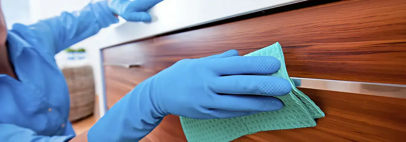 Cleaner wearing blue gloves wiping a wooden cabinet drawer with a microfiber cloth for dust and grime removal, Nashua, NH.