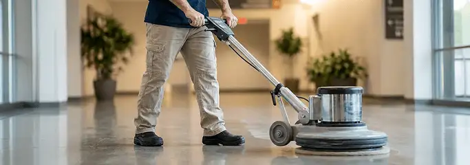 Professional technician using an industrial floor buffer to polish and maintain shiny commercial flooring in a corporate hallway in Nashua, NH.