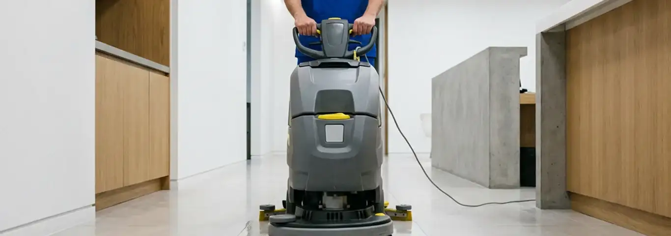 Janitorial staff using a floor scrubber machine to clean a commercial hallway, Nashua, NH.