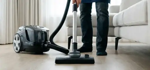 Professional house cleaner vacuuming a living room floor with a canister vacuum cleaner, Nashua, NH.