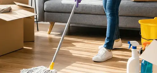 Move-out cleaning setup with a cleaner mopping hardwood floors near moving boxes and cleaning supplies, Nashua, NH.