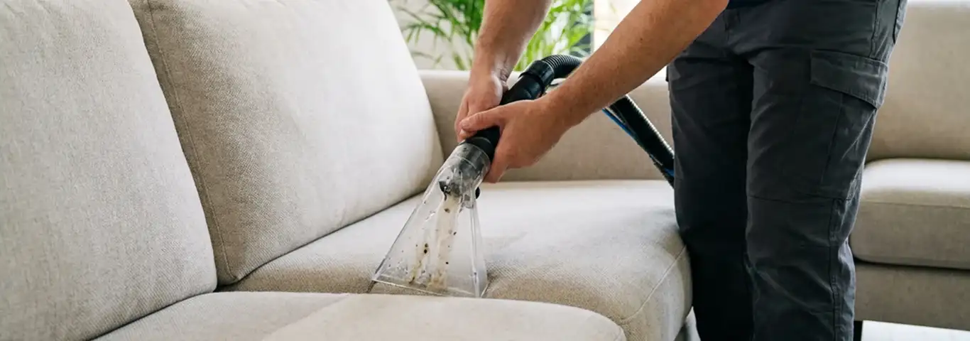 Technician extracting dirt and moisture from a fabric sofa with an upholstery cleaning wand, Nashua, NH.