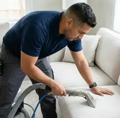 Professional upholstery cleaning technician using an extraction wand to deep-clean a fabric sofa, Nashua, NH.