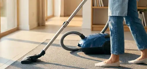 Person vacuuming a living room rug with a canister vacuum cleaner near large windows, Nashua, NH.